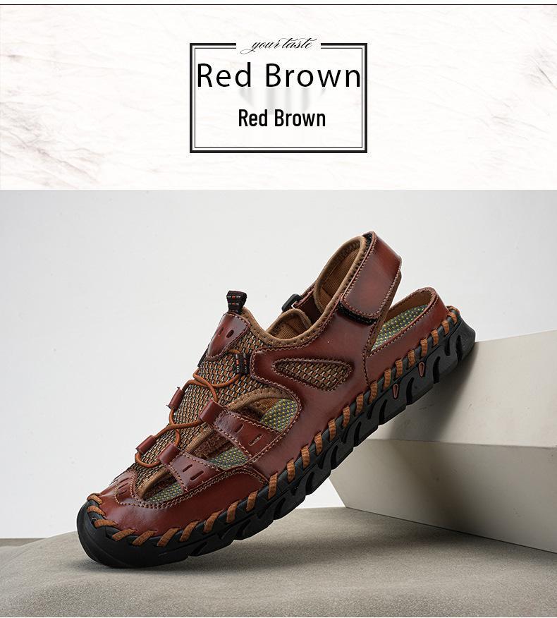 Men's Handmade Velcro Cowhide Mesh Beach Sandals - Summer Casual Breathable Outdoor Shoes