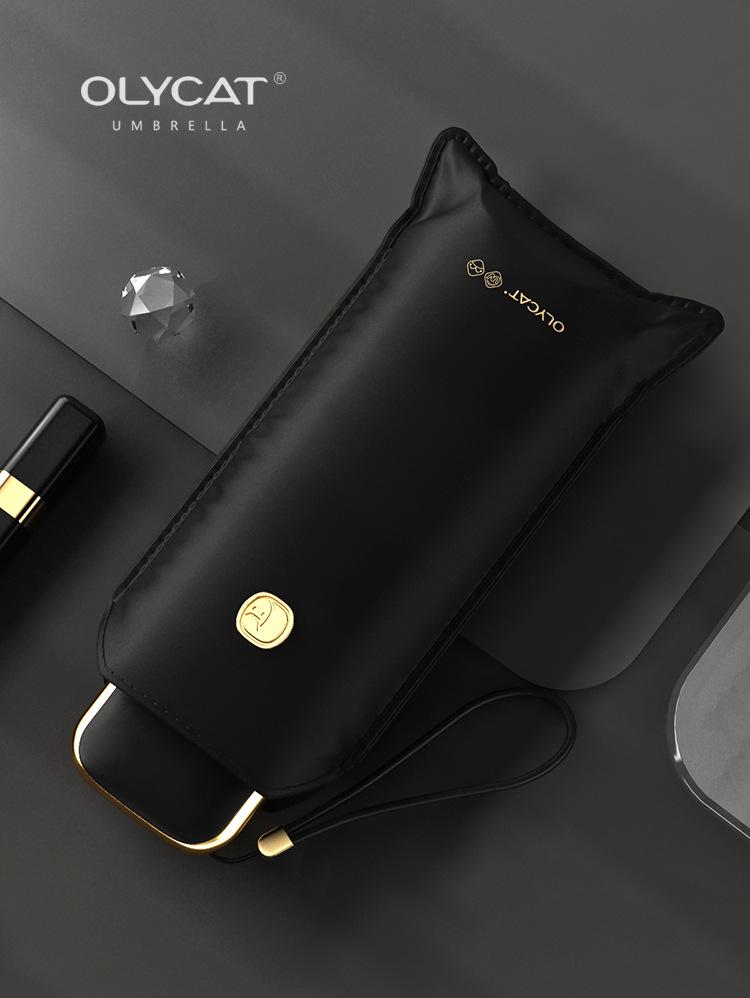 Guarda-chuva Feminino OLYCAT: Uso Duplo, Proteção UV, Portátil, Design Compacto Dobrável em Cinco Partes para Sol e Chuva com Revestimento Preto.