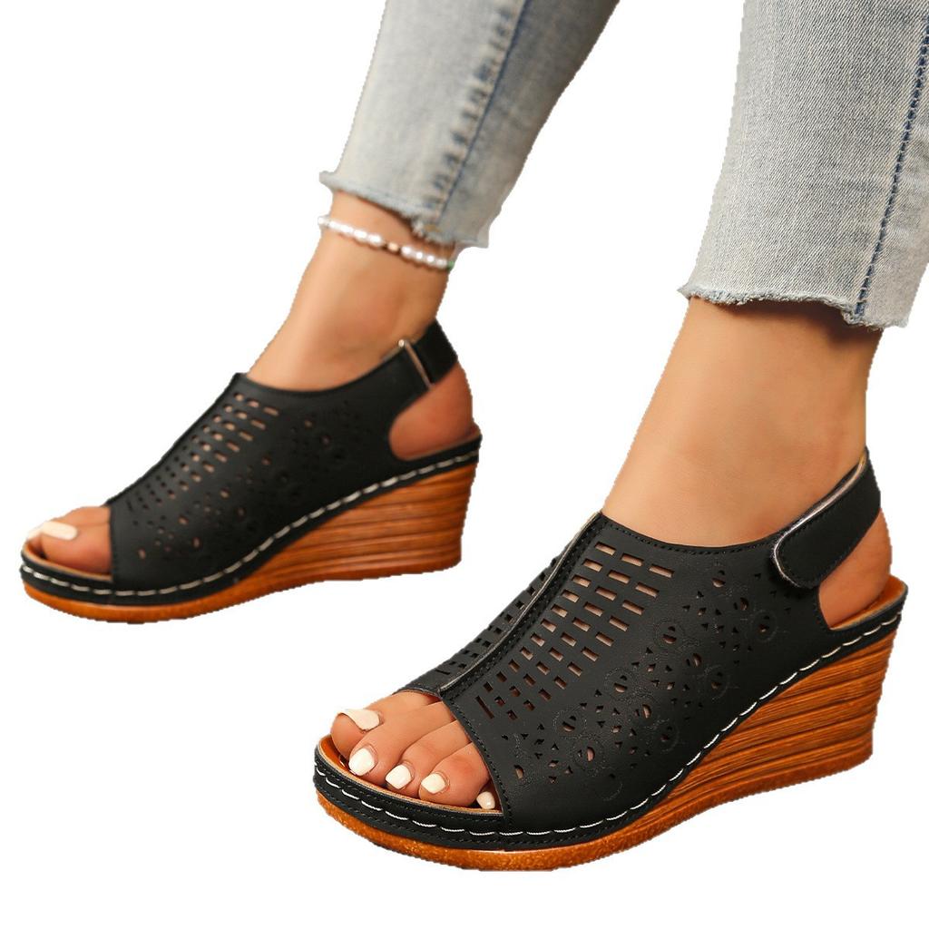 Large size wedge heel sandals for women 2025 summer new European and American style hollow and light Velcro sandals for women