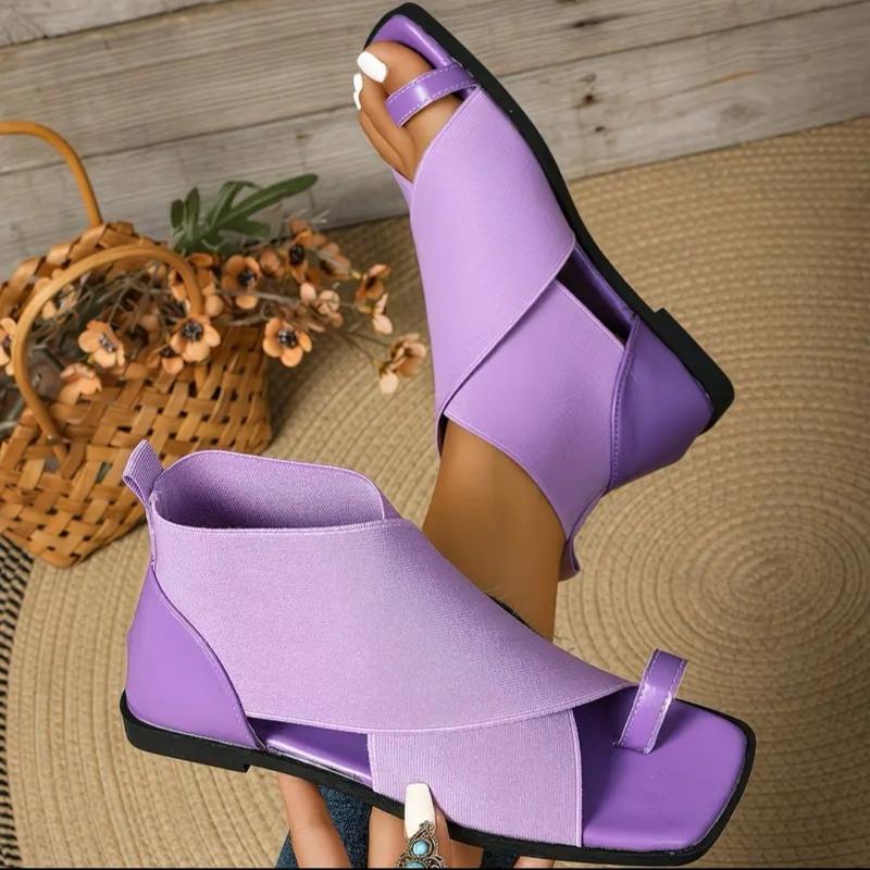 Women Square Toe Gladiator Sandals Elastic Strap Wrap Around Ankle Flat Sandals Toe Loop Summer Beach Comfortable Walking Shoes 36