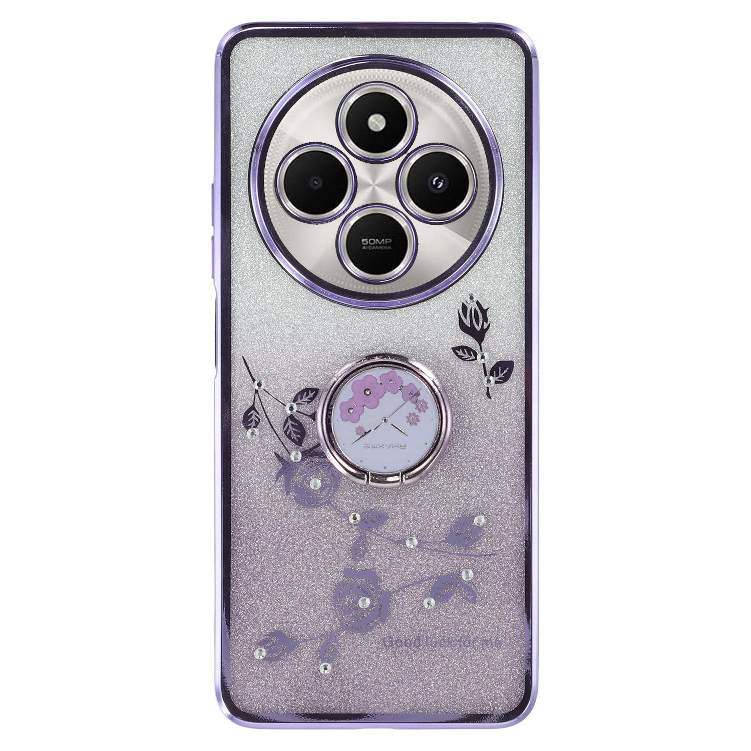 

KADEM For Xiaomi Poco C75 4G/Redmi 14R 5G/14C 4G Case Ring Kickstand TPU Flowers Phone Cover Gradient Glitter Purple