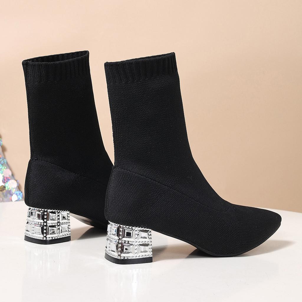 New Fashion Large Size Knitted Ankle Socks Boots Elastic High Heel Pointed Toe Women Autumn Winter Booties
