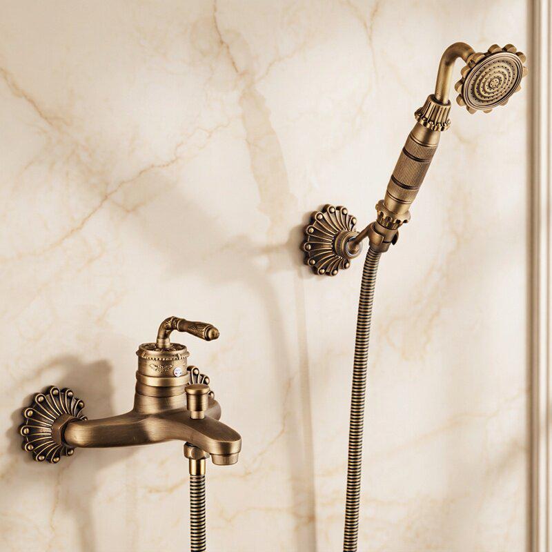 

European Retro Carved Copper Shower Set with Handheld Spray and Hot/Cold Faucet