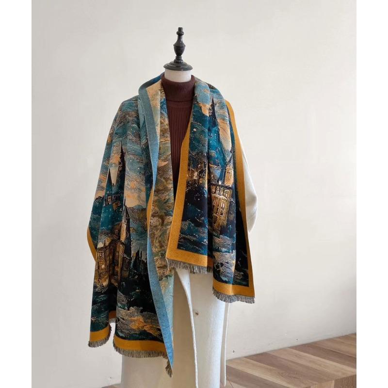 Autumn and winter new oil painting style double-sided jacquard scarf women's high-end sense versatile shawl scarf thickened warm scarf
