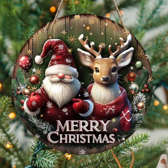 Round Christmas Wooden Wreath Sign Festive Wall Hanging Decor for Indoor Door And Holiday Home Display Crafted Sign