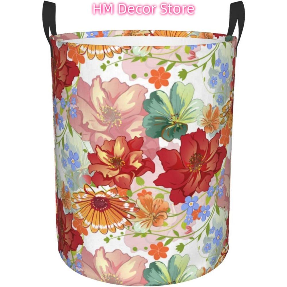 Vintage Autumn Floral Laundry Basket Waterproof Oxford Cloth Organizer Basket Collapsible Clothes Hamper with Handle Toy Gift Bi