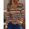 Abstract Painting/Striped Print/V-Neck/Elegant Long Sleeve T-Shirt/Casual Daily Shirt/Fall Winter New Women's Long Sleeve Top
