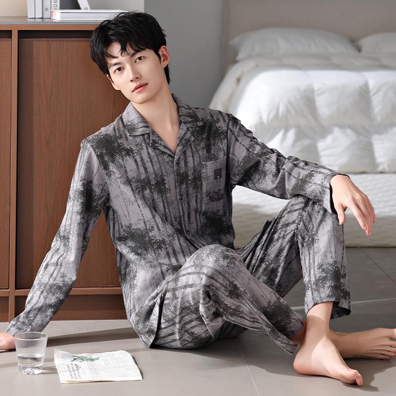 Men'S Pajamas Men'S Spring And Autumn Models, Pure Cotton Long-Sleeved Men'S Autumn Cotton Loungewear Set