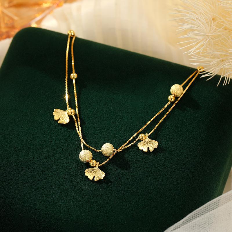 Banyan Tree S925 Silver Apricot Sand Bead & Ginkgo Leaf Double-Layer Anklet for Women