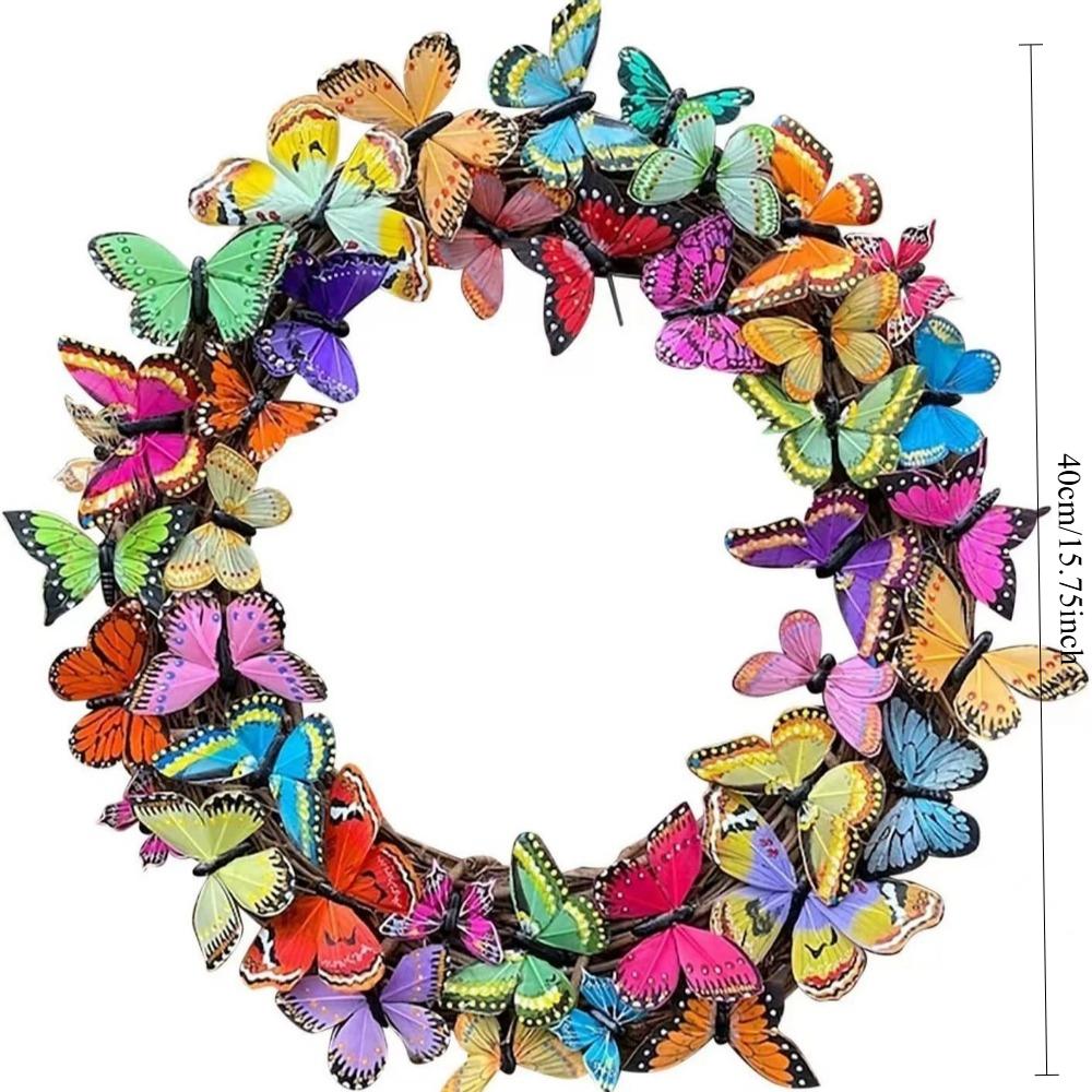 40cm Colorful Decorative Butterflies Spring Wreath for Front Door, Handmade Artificial Wreath for Seasonal Decor