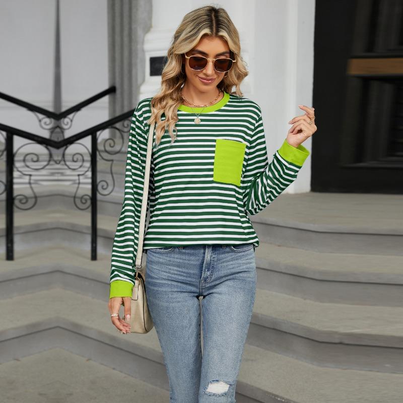 Autumn and Winter Round Neck Contrasting Loose Top Long Sleeved T-shirt