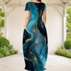Women Plus Size Round Neck Short Sleeve Black Floral Tree Print Loose Long Dress With Side Pockets