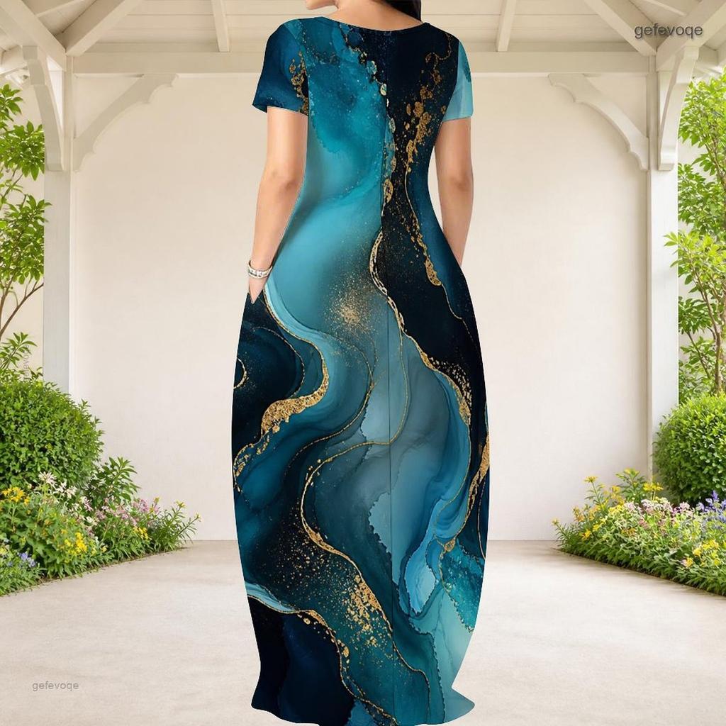 Women Plus Size Round Neck Short Sleeve Black Floral Tree Print Loose Long Dress With Side Pockets