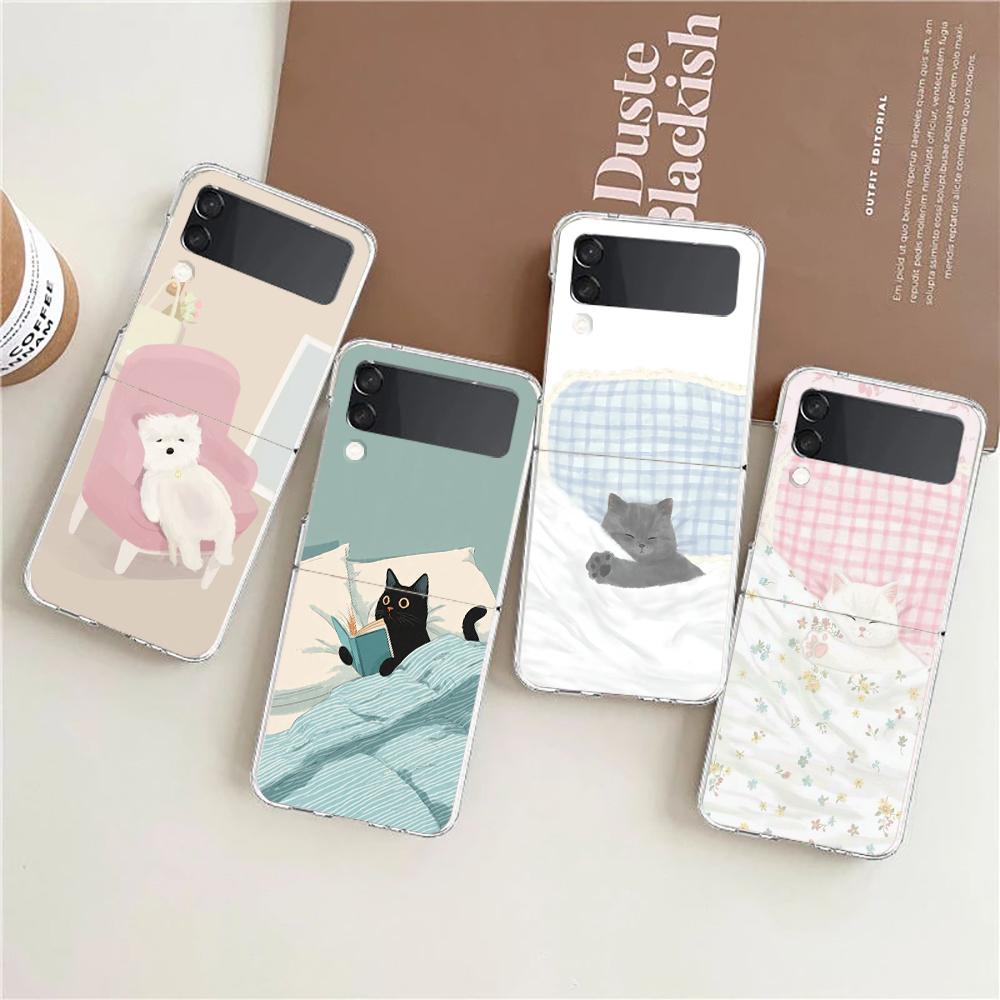 Transparent Phone Case For Samsung Galaxy Z Flip 3 4 5 6 7 Hard Folding PC Z Flip3 Flip4 Cover Dog Cat Couple