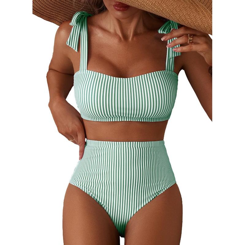 Bikini Set 2 Pezzi Costume da Bagno a Righe Costume da Bagno a Vita Alta