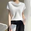 Top Corto da Donna in Seta Raso Primavera Estate, T-shirt Elegante Semplice a Manica Corta con Colletto alla Francese, Blusa Casual Taglie Forti