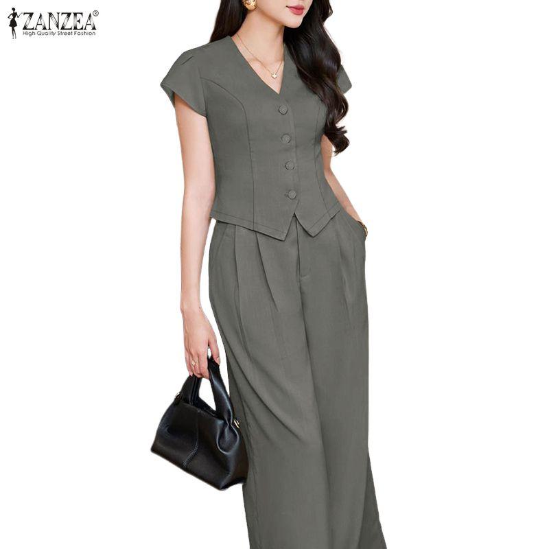 ZANZEA Women Short Sleeve Blouse and Long Pants Casual Two Piece Suit Sets
