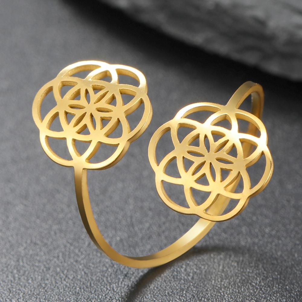 Dawapara Flower of Life Cutout Women Adjustable Ring Mandala Sacred Geometry Yoga Kabbalah Jewelry Stainless Steel