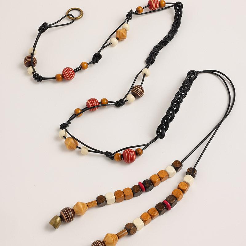 Boho Style Mixed Color Wood Beads Genuine Leather Braided Texture Ethnic Style Handmade Women's Belt Casual Vacation Style Waist Rope