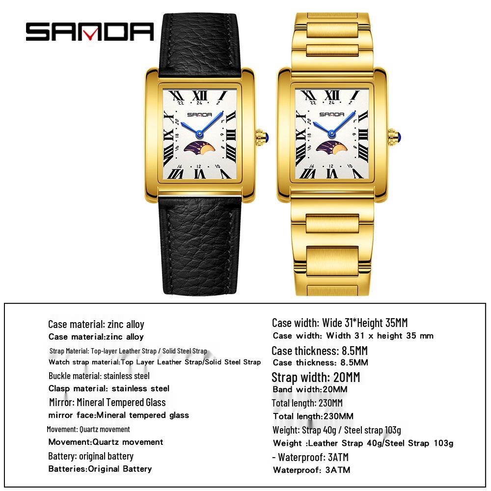 Sanda Women's Retro Quartz Waterproof Watch with Roman Numerals, Moon Phase, and Light Luxury Design - Square Model 9122.