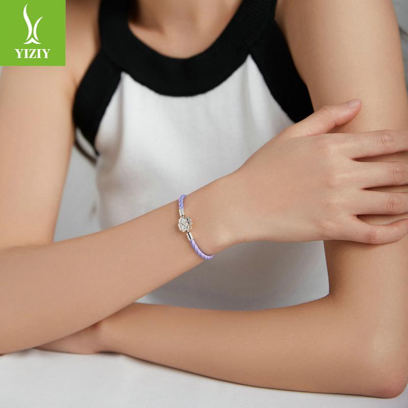 S925 Silver Purple Leather Lucky Bracelet, Dream Girl Leaf Diy Basic Single Bracelet.