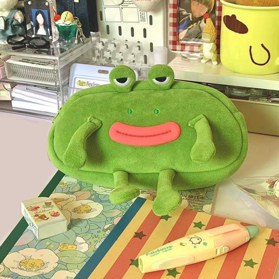 Pencil Bag Frog Wearing Glasses Design Plush Cloth Pencil Pouch Large Zipper Opening Stationery Organizer