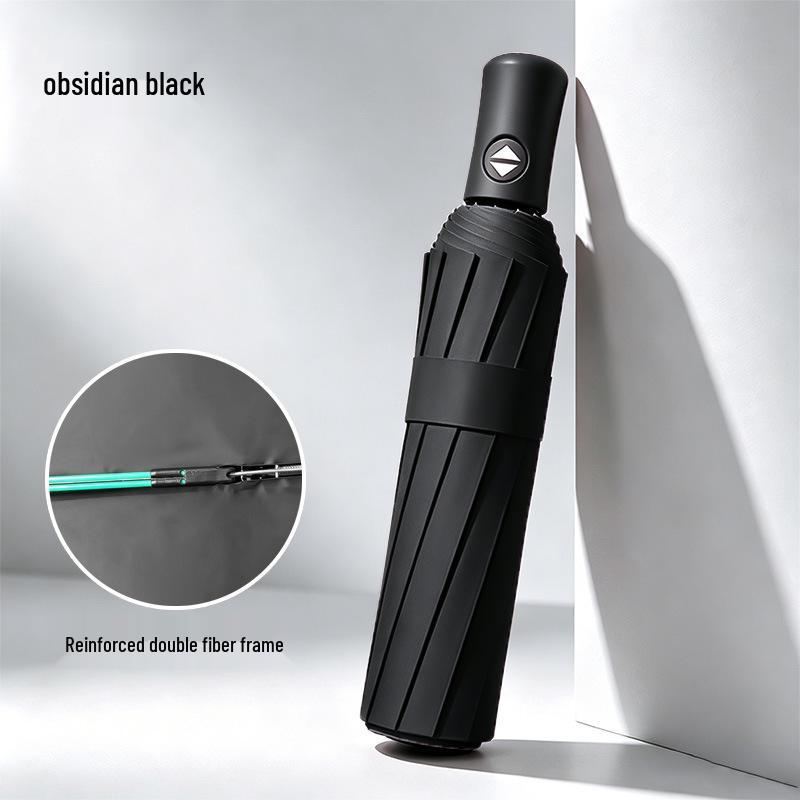 Fully Automatic Black Folding Umbrella - Three-Fold Design with Eight Ribs, Black Glue Coating for Sun and Rain Protection, Portable for Commuting.