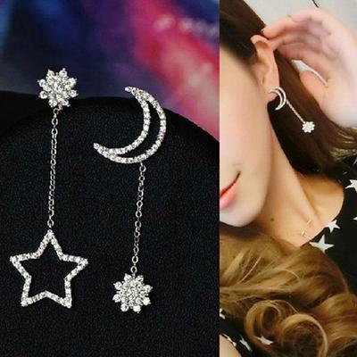 Korean Style Rhinestone Tassel & Star Moon Asymmetrical Earrings