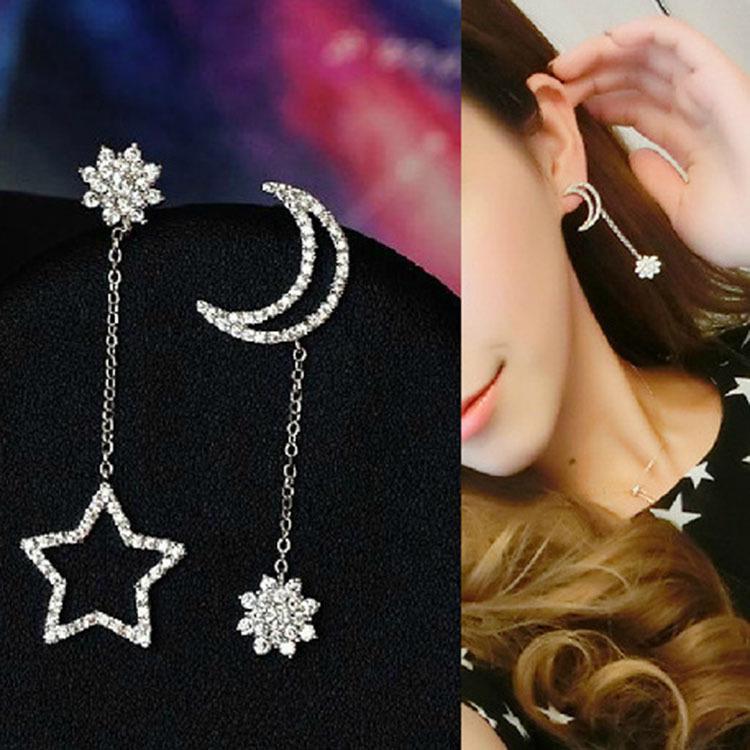 Korean Style Rhinestone Tassel & Star Moon Asymmetrical Earrings