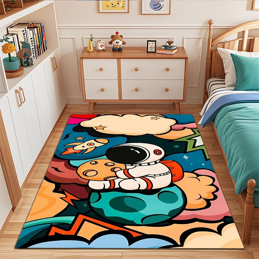Astronaut and Rocket in Colorful Space Patterned carpet, suitable as a non slip play mat for the living room and bedroom sofa