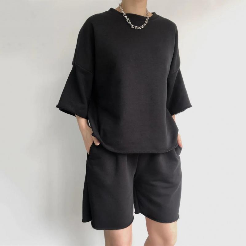 Street Style New Casual Outfit For Women, Short-Sleeved Round-Neck Loose Top + Tie Shorts Two-Piece Set