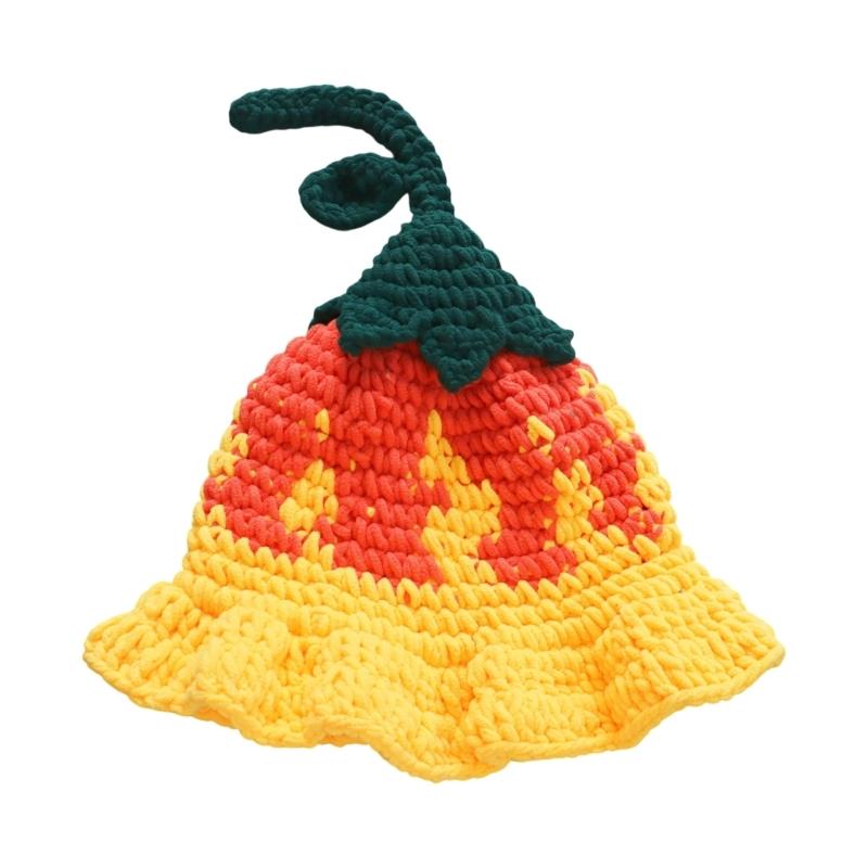 

Unique Crochet Pumpkin Cap With Flower Shape Design Warm Brimless For Halloween Birthday Gift Women Girl Fashion Accessory жовтий