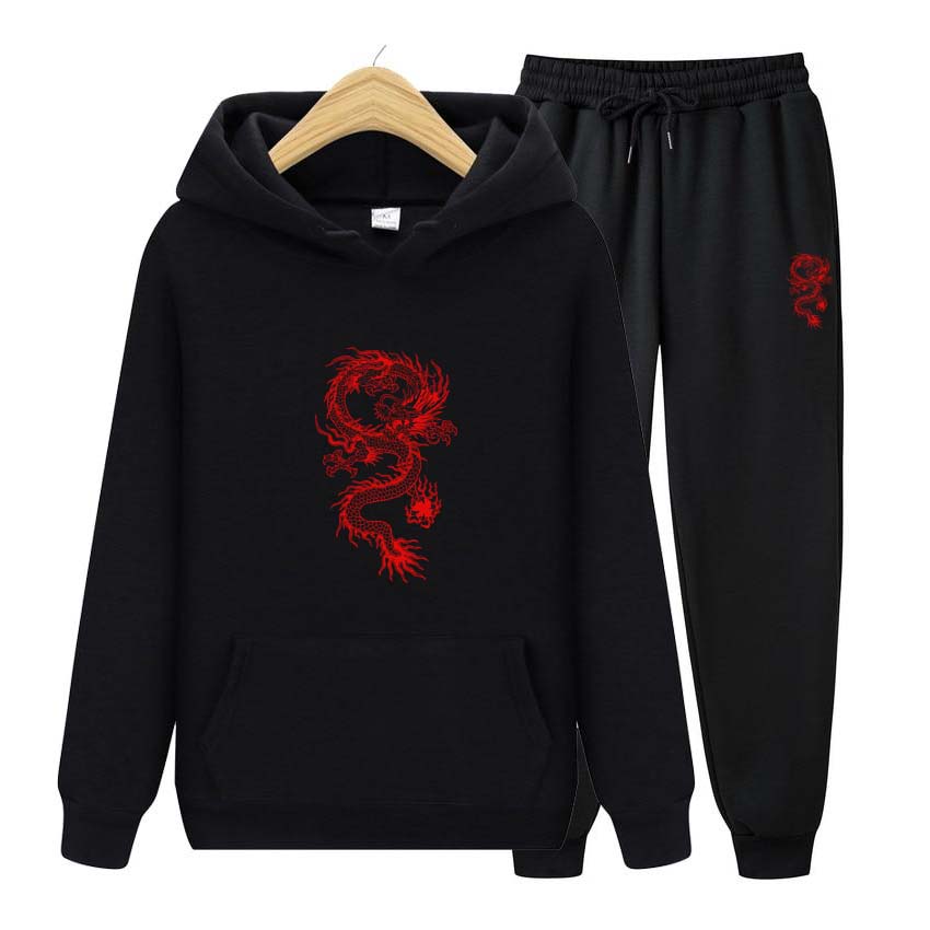 Mikina s dlouhým rukávem Jogging kalhoty Patchwork Fitness Run Suit Módní Dragon Print Teplákové soupravy Pro ženy Muži Oblečení s kapucí