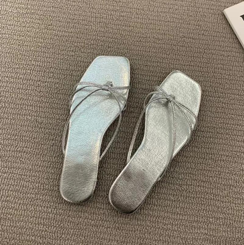 

In the summer of 2025, the new French square head with thin straps, hollowed out pinch feet, thick heel flat bottom cool slippers, women s thick hee 35