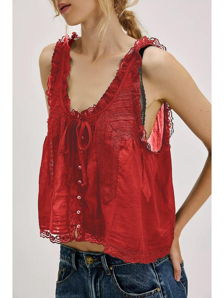 2025 Summer French V-neck Lace Trim Sleeveless Camisole Top