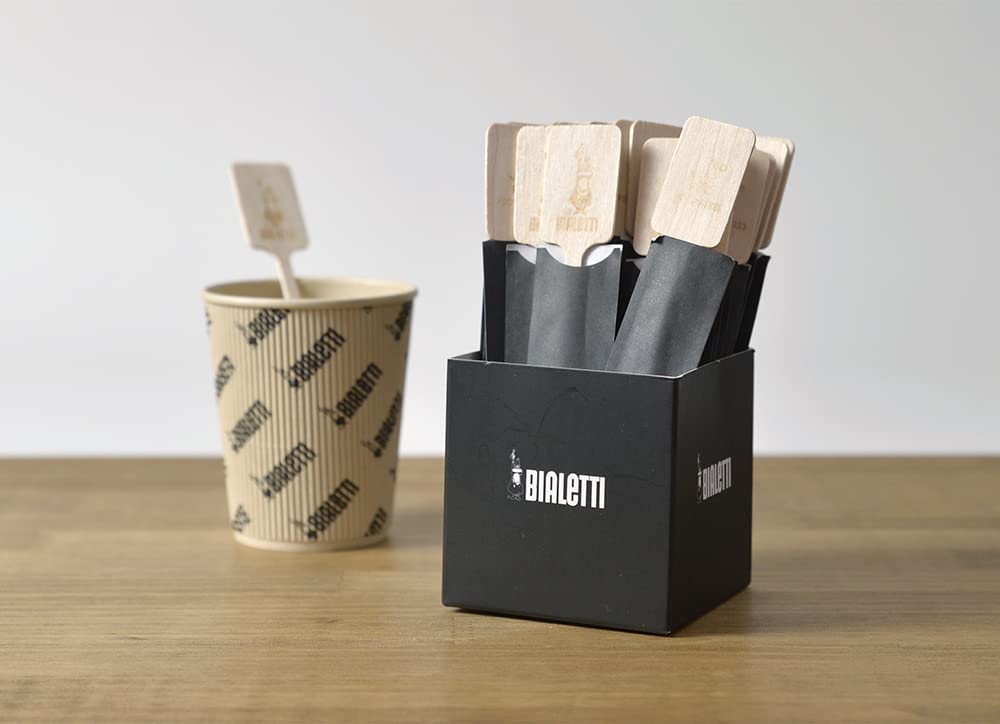 Strix Design Wooden Stirrer Disposable BIALETTI Logo Branded Environmentally Friendly Individually Wrapped Coffee Espresso 50 Pieces Length Approx.