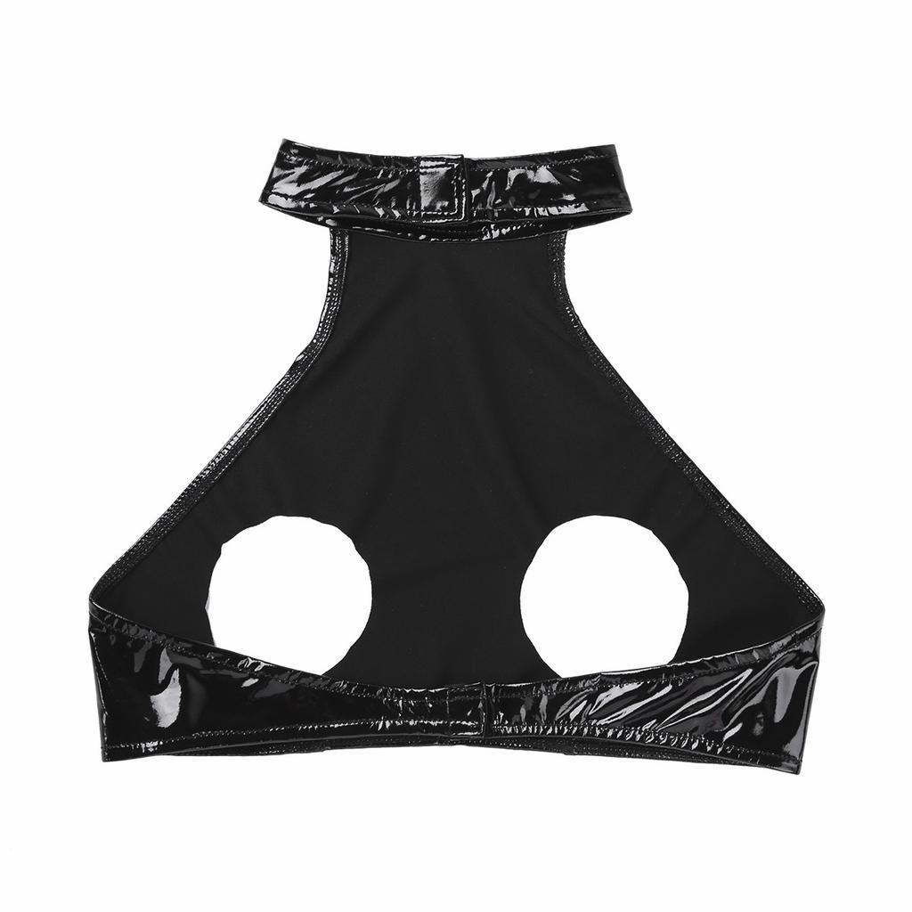 Sexy Women Wet Look Leather Cupless Cage Bra Top Sleeveless Halter Neck Backless Open Bust Crop Tank Tops Lingerie