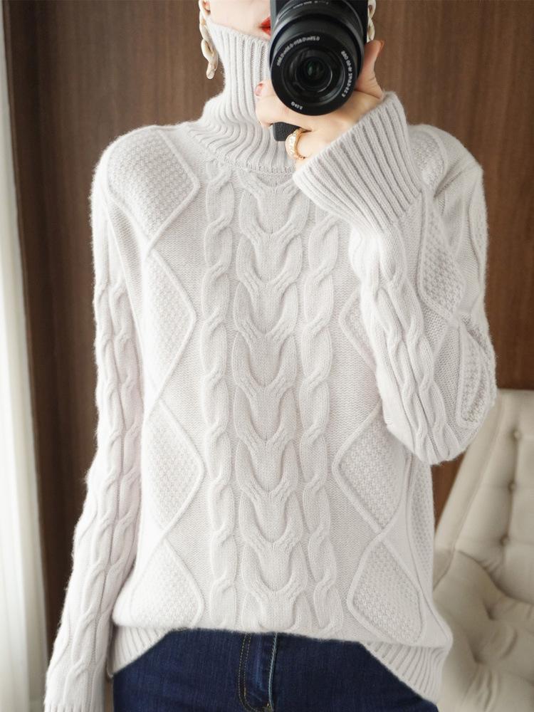 Women's Thick Winter Red Wool Cable Knit High Neck Sweater 