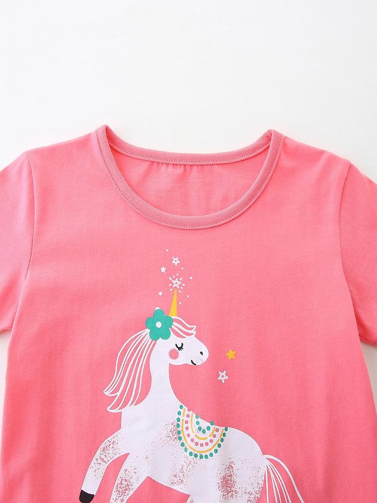 European Unicorn Print Girls' T-shirt & Plaid Shorts Set - Knitted Cotton