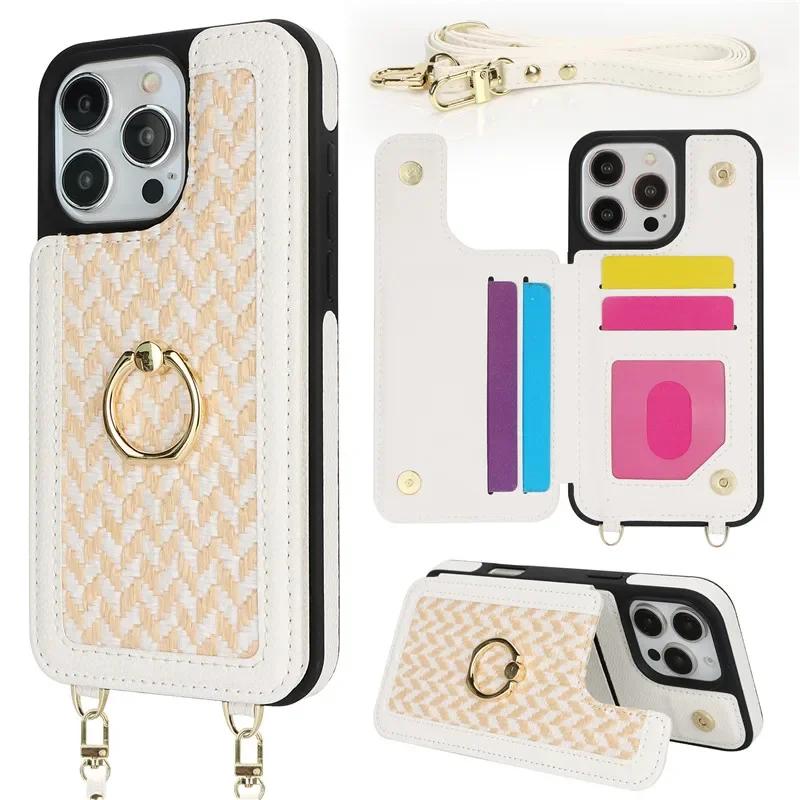 Long Lanyard Leather Wallet Card Slot Phone Case for iPhone 16 Pro Max 15 14 Plus 13 12 11 SE 2026 XS XR X 8 7 Ring Flip Cover