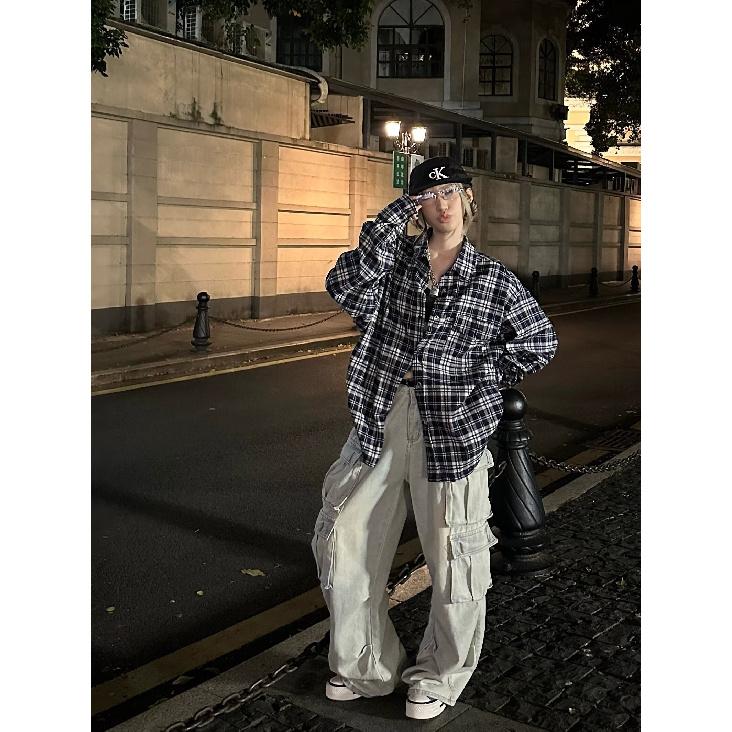 2024 Rutig långärmad skjorta Japansk Hong Kong Style Ins Lös skjorta Pojkar Sommar Trendig Mångsidig Casual Coat