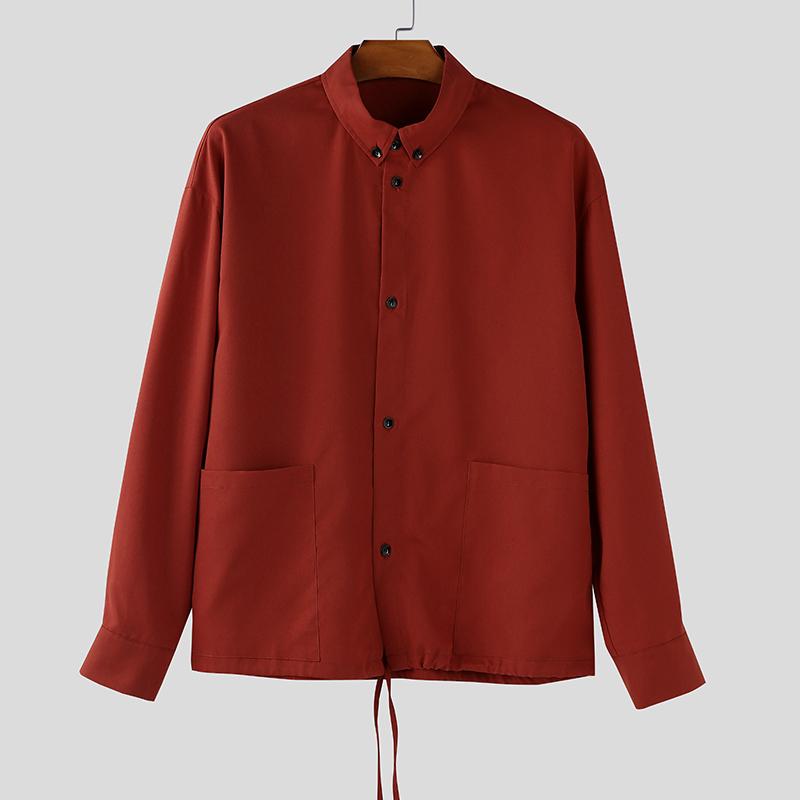 

INCERUN Men Stand Neck Long Sleeve Buttons Up Loose Shirts Casual Tops 5XL красный