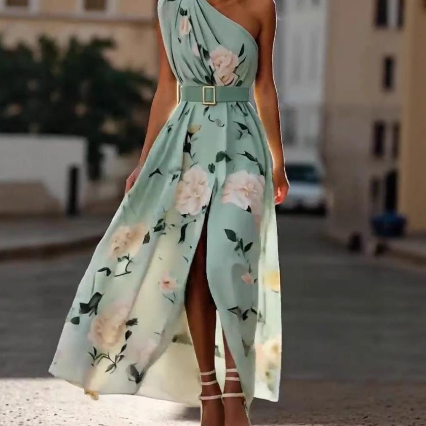 women's High Waist One Shoulder Floral Print Maxi Dress Split Thigh Evening Party Sundress