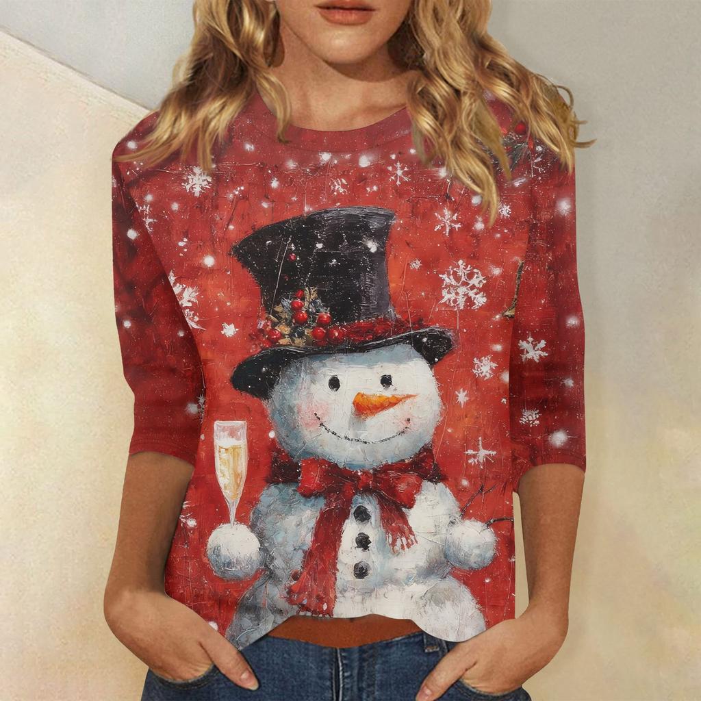 3/4 Sleeve Shirts For Women Print Christmas Tees Blouses Casual Plus Size Basic Tops Pullover