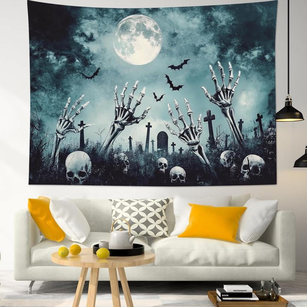 Halloween Tapestry Wall Hanging Horror Tombstone and Scary Skull In Cemetery Wall Art Spooky Dead Tree and Crow Under Full Moon