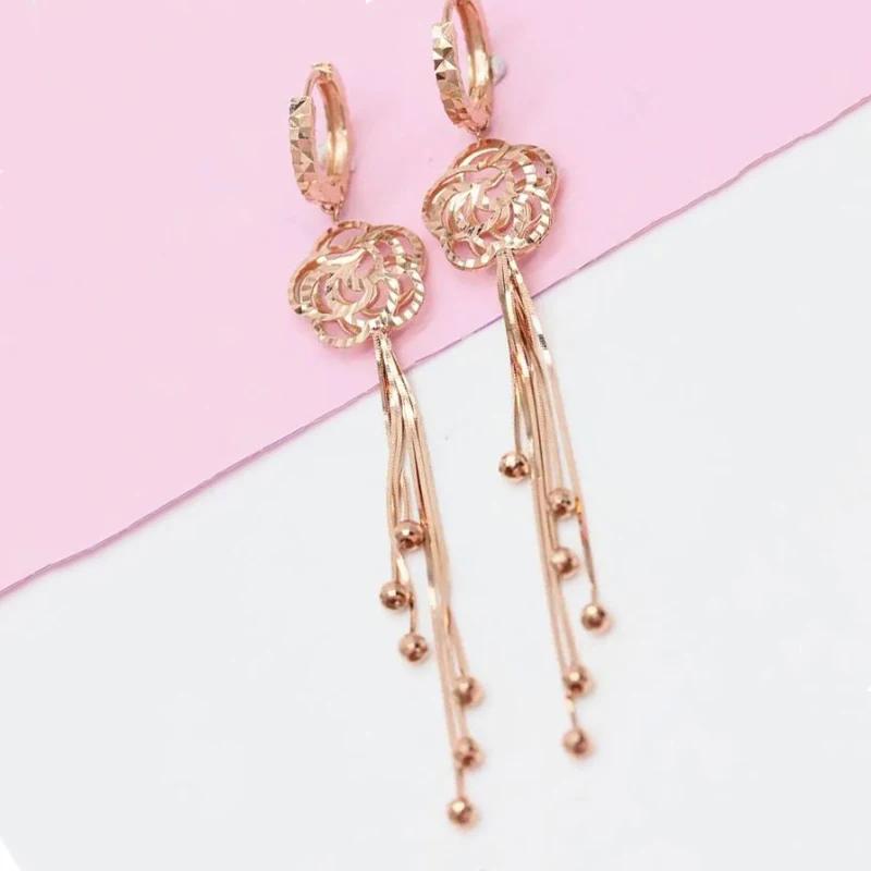 Nouveaux Boucles d'oreilles Mode Fleur Rose Classique Exquise Gland Chaîne Douce Boucles d'oreilles à Perles pour Femmes Cuivre Plaqué Or Rose Zircon