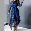 European & American Lace Hollow Long Sleeve Stand Collar Dress - 5 Colors, Irregular Hem