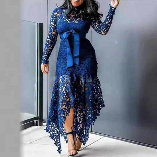 European & American Lace Hollow Long Sleeve Stand Collar Dress - 5 Colors, Irregular Hem