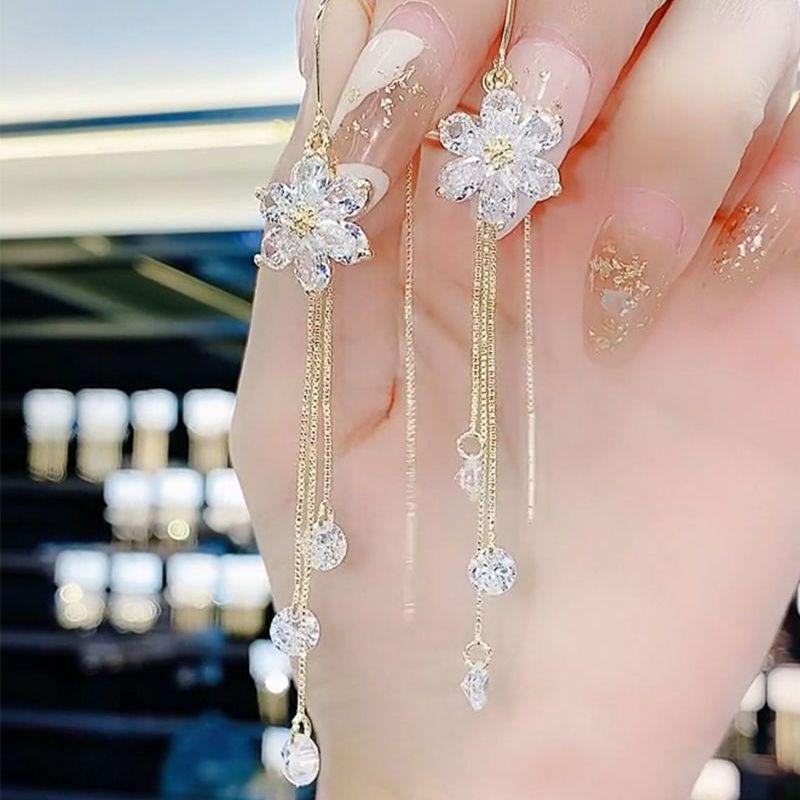White Zircon Flower Tassel Earrings - Five-Petal Dangle with Anti-Loss Design