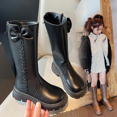 Botas de princesa infantil com zíper traseiro para meninas, botas altas com laço doce, 2024, nova moda, botas longas e quentes para crianças, cor sólida